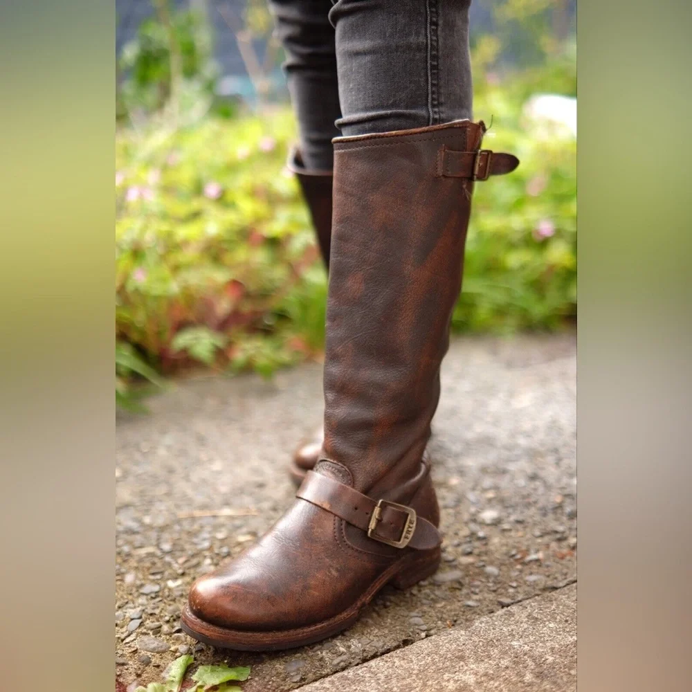 $399 Frye Veronica Slouch Tan Brown Tan Leather Engineer Moto Tall Buckle Boot